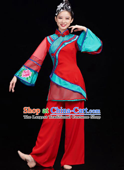 Chinese Women Yangko Dance Garments Folk Dance Costumes Stage Performance Red Outfit Umbrella Dance Clothing