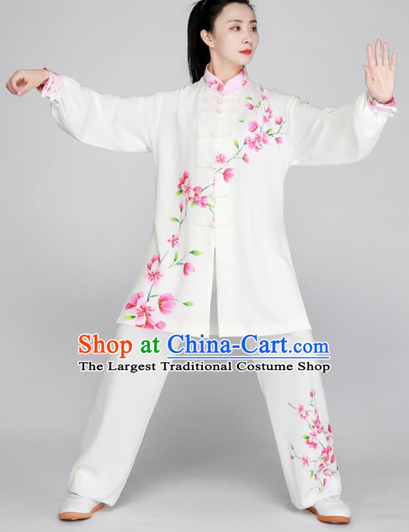 Chinese Printing Peach Blossom Clothing Tai Chi White Outfit Kung Fu Costumes Top Tai Ji Training Uniform