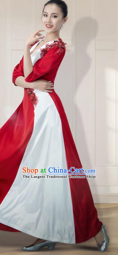 Chinese Modern Dance Wine Red Dress Opening Dance Clothing Women Compere Garment Chorus Group Performance Costume