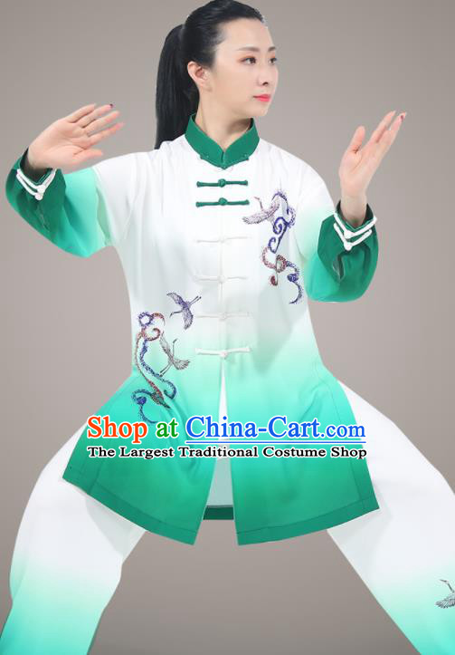 Top Kung Fu Costumes Chinese Tai Ji Training Uniform Martial Arts Competition Clothing Tai Chi Printing Crane Green Outfit