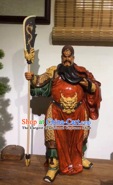 Guan Yu Porcelain Statue Arts Handmade Guan Gong Stand Sculpture Chinese Shi Wan Ceramic Figurine