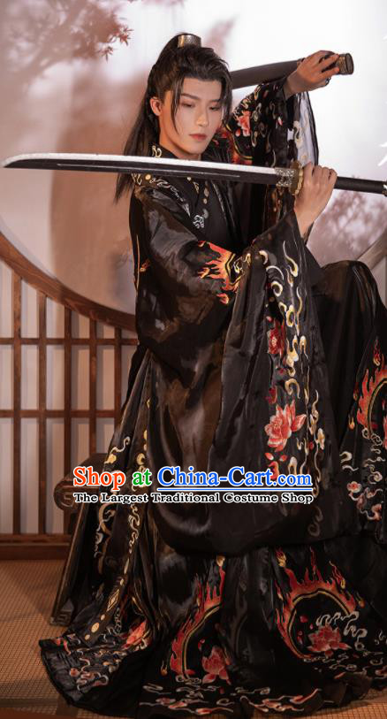 Chinese Song Dynasty Noble Childe Historical Costumes Ancient Swordsman Black Hanfu Clothing