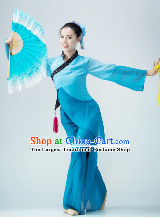 Chinese Fan Dance Blue Outfit Women Group Garments Folk Dance Clothing Silk Fan Performance Costume