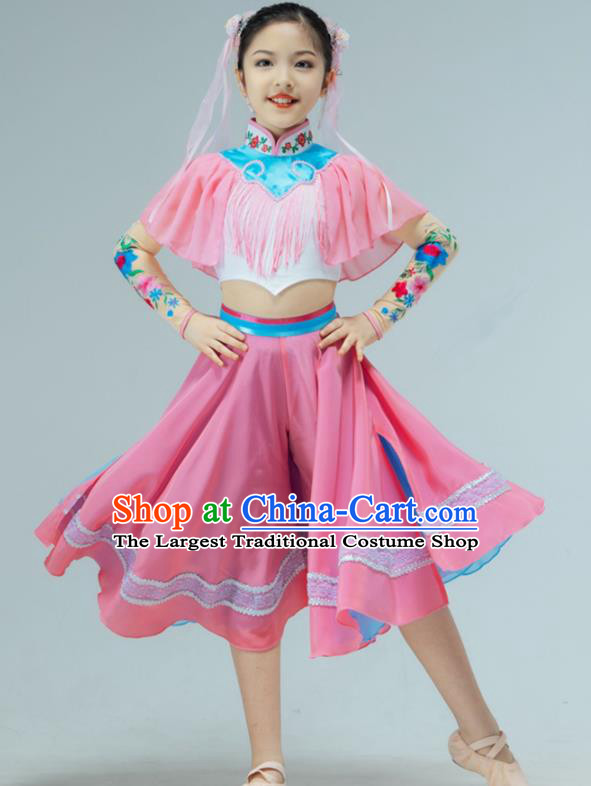 Chinese Stage Performance Costume Children Fan Dance Pink Dress Drum Dance Garment Folk Dance Clothing