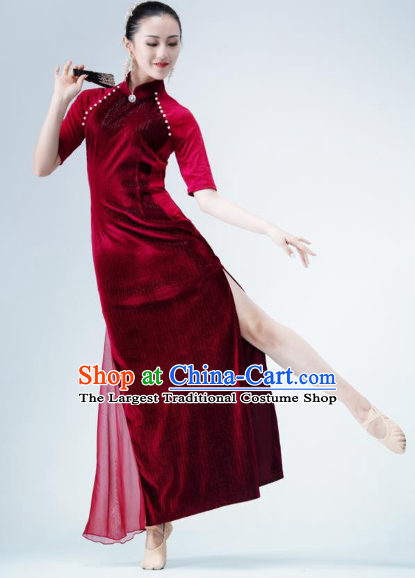 Chinese Classical Dance Clothing Qipao Performance Costume Women Dance Wine Red Velvet Cheongsam Ballet Dance Garment