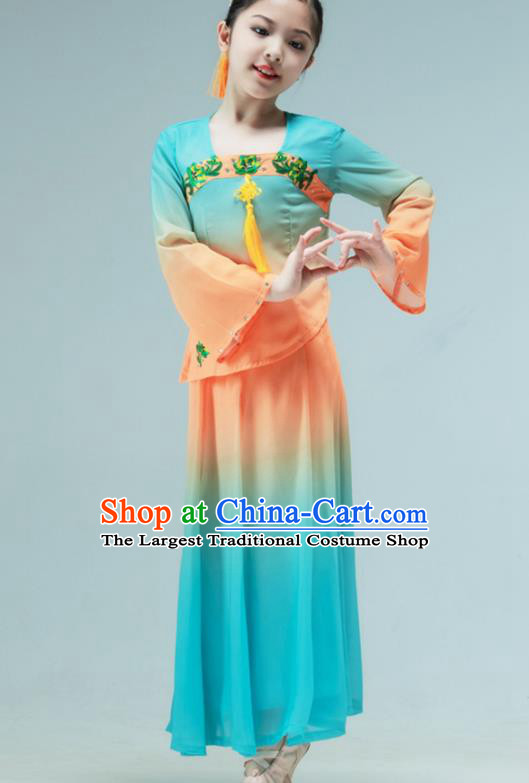 Chinese Classical Dance Dress Fan Dance Blue Outfit Children Dance Clothing Stage Performance Costume