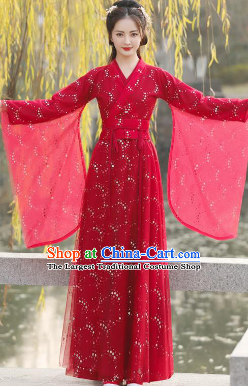 Chinese Ancient Swordswoman Red Dress Clothing Traditional Ming Dynasty Female Costume