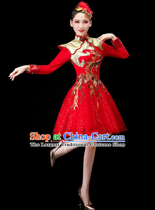 Chinese Drum Dance Red Dress Women Group Dance Costume Modern Dance Clothing