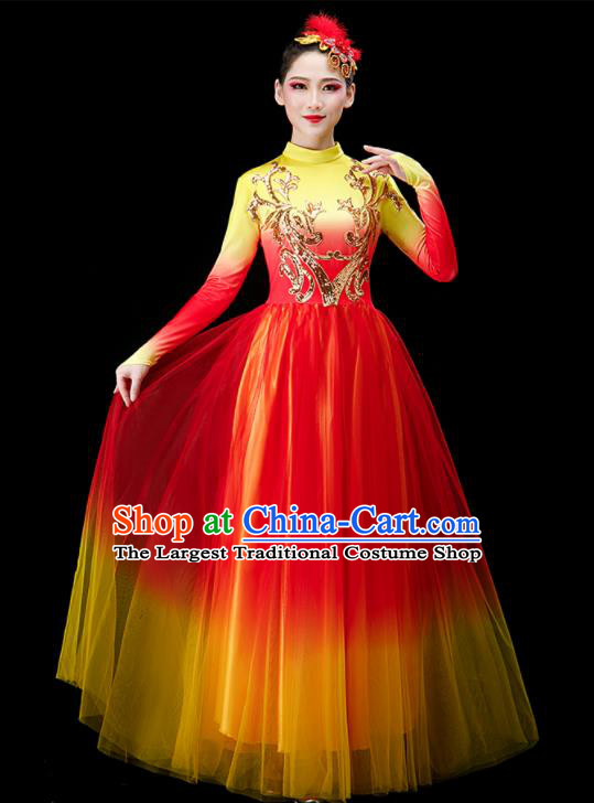 Chinese Modern Dance Clothing Stage Performance Red Dress Women Group Dance Costume