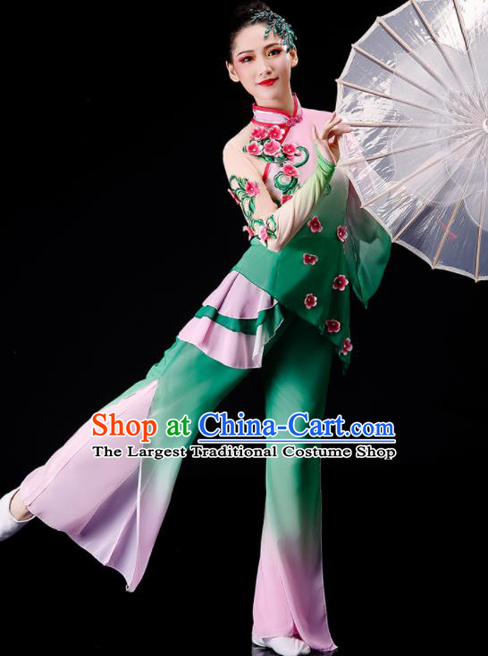 Chinese Folk Dance Costume Stage Performance Clothing Umbrella Dance Green Outfit