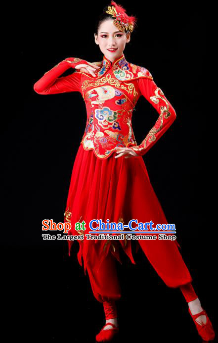 Chinese Drum Dance Red Outfit Yangko Dance Costume Stage Performance Clothing