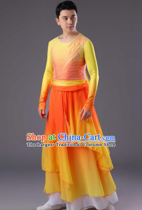 Chinese Men Drum Dance Orange Outfit Classical Dance Costume Spring Festival Gala Dance Clothing