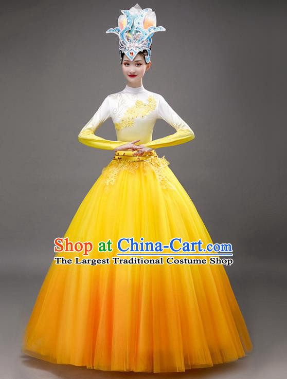 Chinese Modern Dance Yellow Dress Opening Dance Stage Performance Costume Women Group Dance Clothing