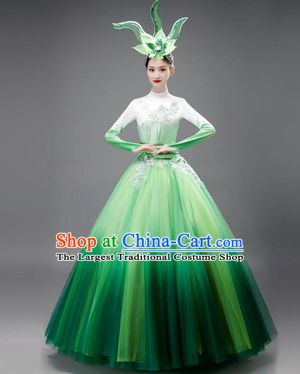 Chinese Modern Dance Green Dress Opening Dance Garment Costume Women Group Performance Clothing