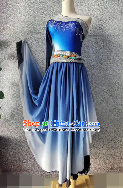 Chinese Folk Dance Blue Dress Outfit Tibetan Dance Garment Costumes Zang Nationality Stage Performance Clothing