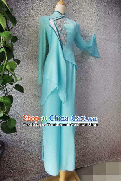 Chinese Women Stage Performance Clothing Classical Dance Light Blue Outfit Fan Dance Garment Costumes