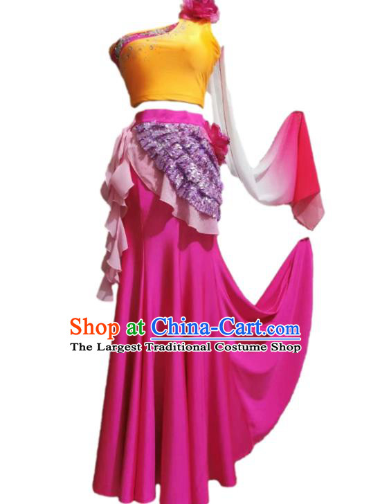 Chinese Women Stage Performance Magenta Dress Yunnan Peacock Dance Garment Costumes Dai Nationality Dance Clothing