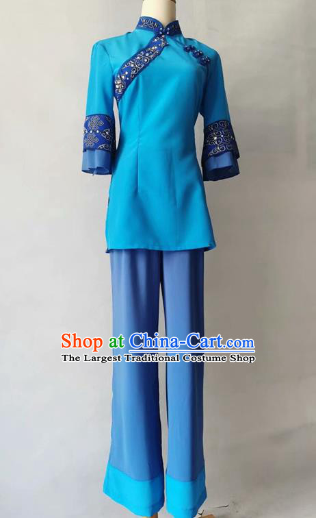 Chinese Stage Performance Clothing Folk Dance Blue Outfit Fan Dance Garment Costume