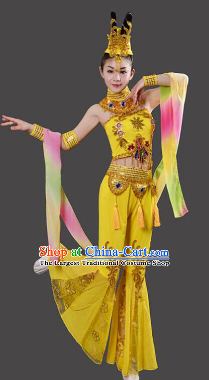 Chinese Handmade Chang E Dance Costume Dun Huang Flying Apsaras Dance Yellow Outfit Classical Dance Clothing