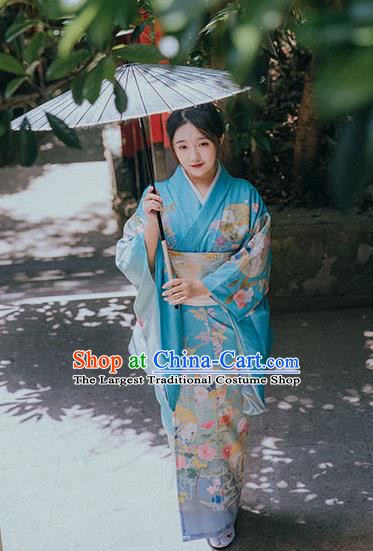 Japan Traditional Garment Japanese Blue Kimono Summer Festival Young Lady Yukata Dress