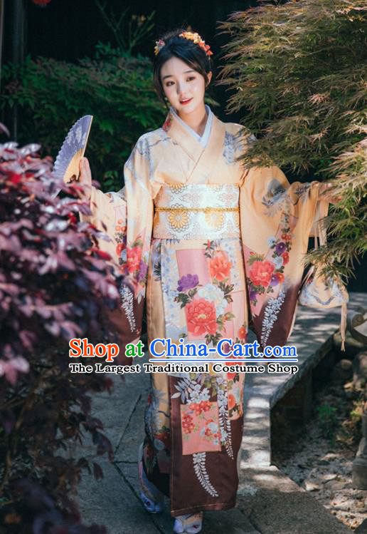 Japan Summer Festival Young Lady Yukata Dress Traditional Garment Japanese Apricot Kimono