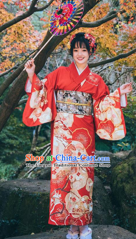 Japanese Printing Red Kimono Japan Traditional Summer Festival Yukata Dress Young Lady Garment