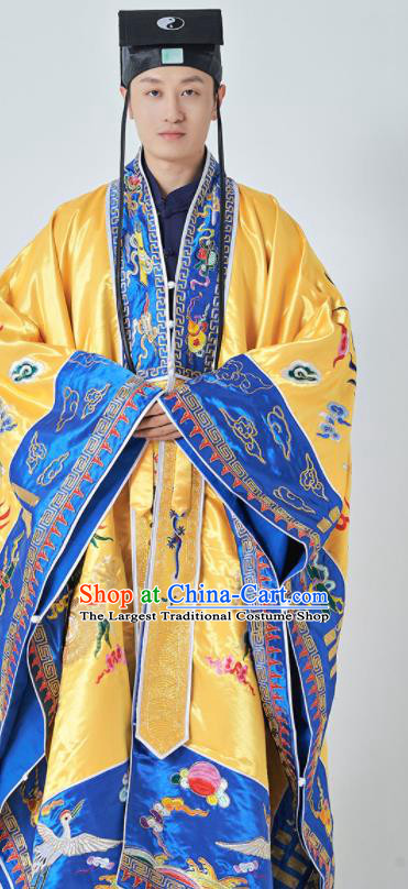 Chinese Taoism Ritual Priest Frock San Qing Garment Taoist Master Costume Traditional Embroidered Dragon Yellow Silk Robe