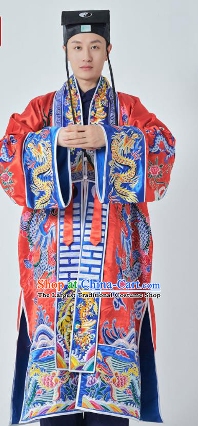 Chinese Wudang Taoist Costume Embroidered Dragon Red Silk Robe Daoism Priest Frock Traditional Taoism Master Garment