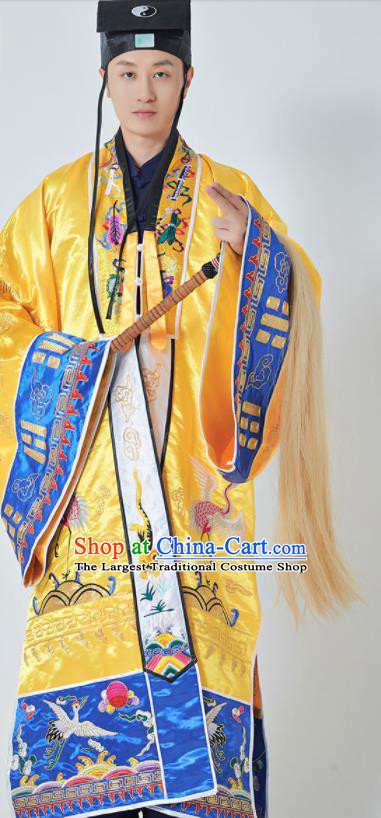 Chinese Embroidered Crane Yellow Silk Robe Traditional Daoism Frock Taoism Master Garment Wudang Taoist Priest Costume