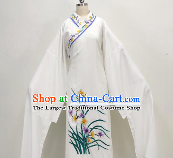 Chinese Beijing Opera Xiaosheng Embroidered Orchids White Robe Shaoxing Opera Scholar Clothing Ancient Childe Costume