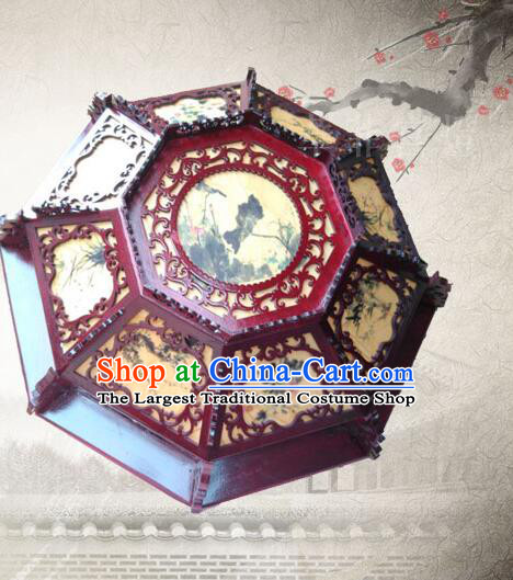 Chinese Landscape Painting Ceiling Lantern Handmade Rosewood Lantern Traditional Octagonal Ceiling Lamp