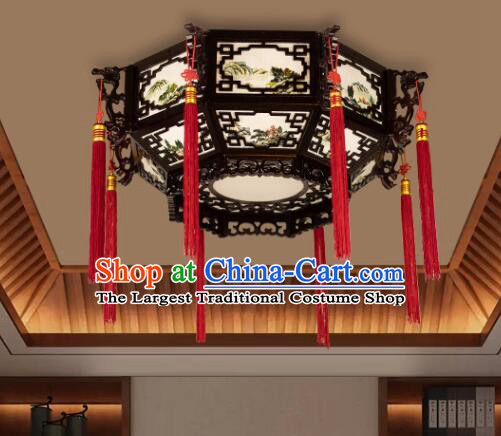 Chinese Traditional Ceiling Lamp Landscape Painting Ceiling Lantern Handmade Rosewood Lantern