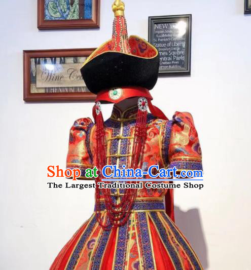 Chinese Folk Dance Costume Mongol Nationality Garment Children Dance Mongolian Red Dress