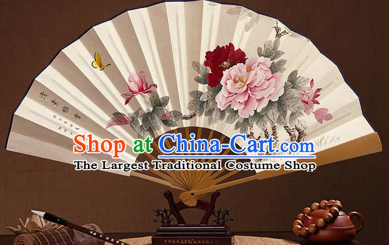 Chinese Traditional Wenge Folding Fans In Painting Peony Flowers Fan Handmade Paper Fan