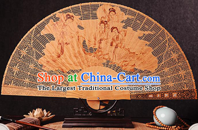 Chinese Handmade Craft Sandalwood Accordion Collection Fan Traditional Folding Fans Carved Goddess Fan