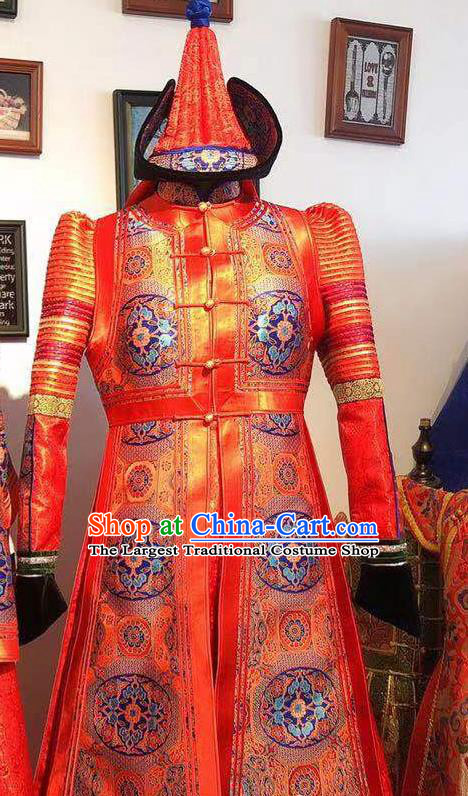 Chinese Mongol Nationality Bride Dress Handmade Wedding Costume Traditional Red Mongolian Robe