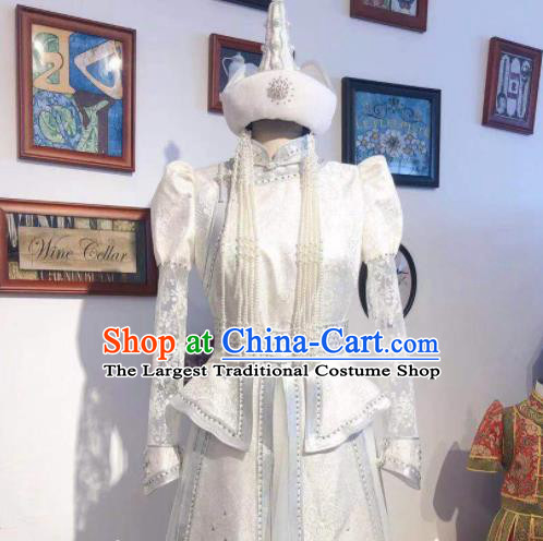 Chinese Traditional Embroidery Mongolian Robe Mongol Nationality Bride White Dress Handmade Wedding Costume