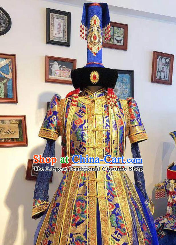 Chinese Handmade Wedding Costume Traditional Royalblue Mongolian Robe Mongol Nationality Bride Dress