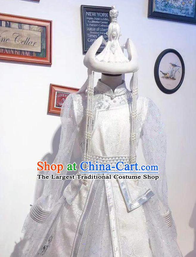 Chinese Mongolian Folk Dance Garment Traditional Ethnic Festival Costume Mongol Nationality Wedding White Dress