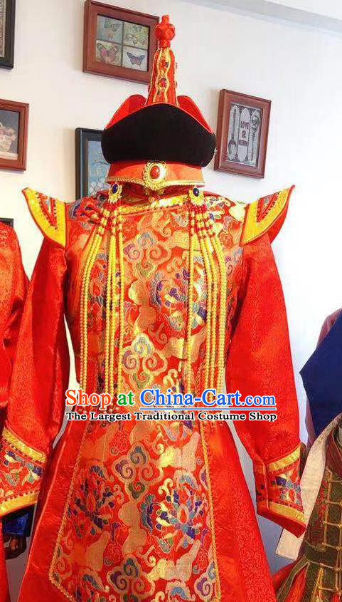 Chinese Traditional Ethnic Wedding Costume Mongol Nationality Bride Red Dress Mongolian Festival Garment