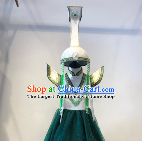 Chinese Ethnic Girl Green Dress Costume Mongol Nationality Dance Garment Mongolian Festival Performance Clothing