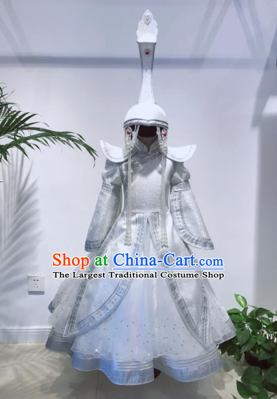 Chinese Mongolian Festival Performance Clothing Ethnic Folk Dance Costume Mongol Nationality Girl White Dress Garment and Hat