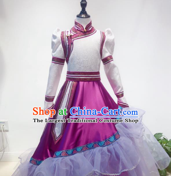 Chinese Mongolian Girl Performance Magenta Dress Ethnic Children Clothing Mongol Nationality Folk Dance Costume