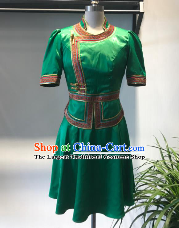 Chinese Ethnic Waitress Clothing Mongol Nationality Woman Garment Costume Mongolian Folk Dance Green Dress