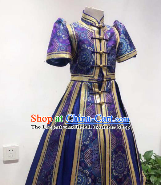 Chinese Ethnic Children Clothing Mongol Nationality Folk Dance Costume Mongolian Girl Performance Deep Blue Dress