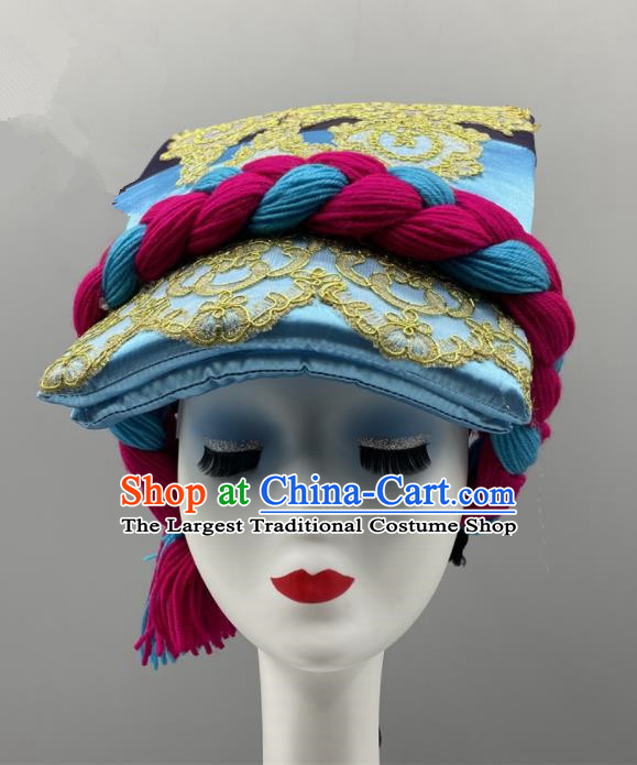 Chinese Wa Minority Dance Headwear Qiang Nationality Headpiece Ethnic Stage Performance Blue Hat