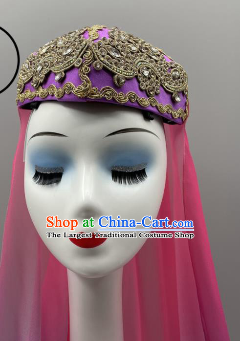 Chinese Ethnic Women Headwear Uyghur Nationality Dance Headpiece Uyghurs Ethnic Stage Performance Purple Hat