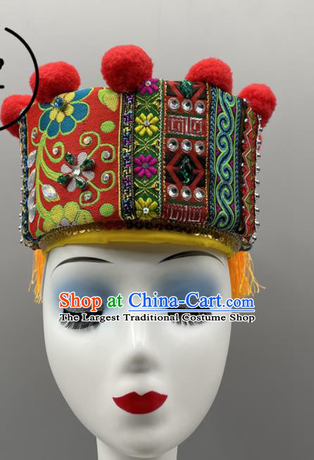 Chinese Yao Nationality Dance Headpiece Ethnic Stage Performance Red Hat Gaoshan Minority Women Headwear