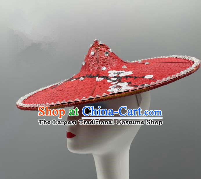 Chinese Ethnic Stage Performance Red Bamboo Hat Yunnan Minority Peacock Dance Headwear Dai Nationality Woman Headdress