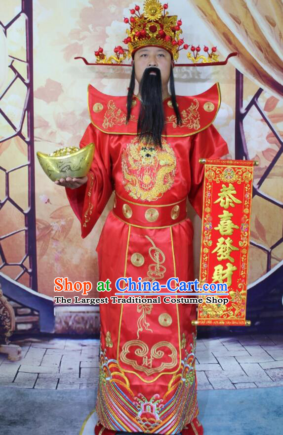 Chinese Ancient God of Wealth Embroidered Costume China New Year Cai Shen Ye Embroidery Clothing